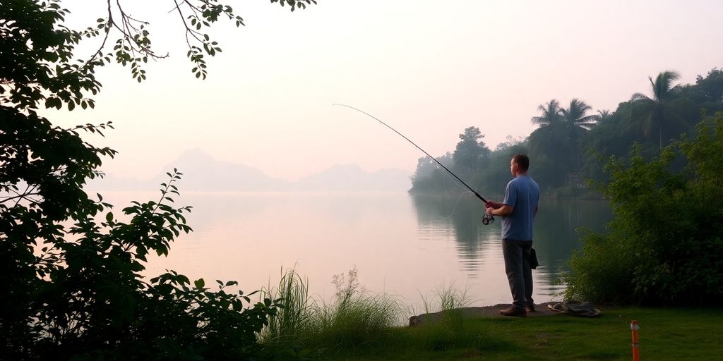 Fisherman casting line into tranquil lake at dawn.