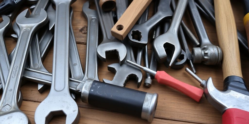 Used tools on a wooden surface for sale.