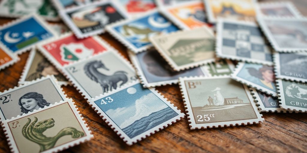 Colorful postage stamps on a wooden table.