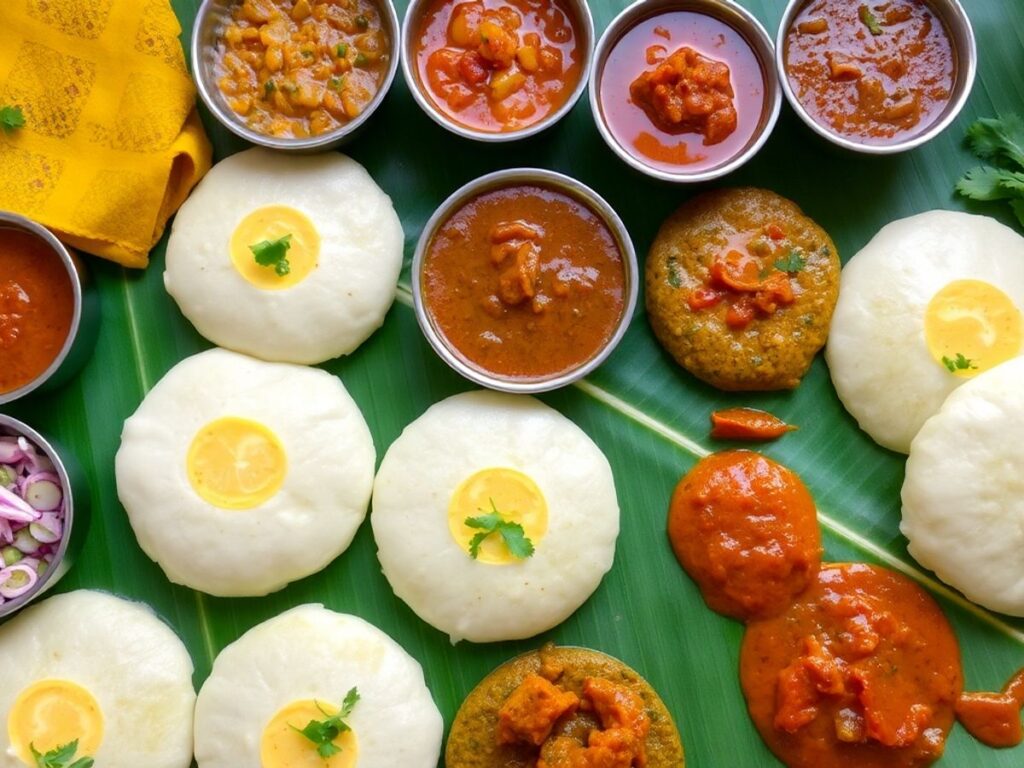 Colorful South Indian dishes on a banana leaf platter.