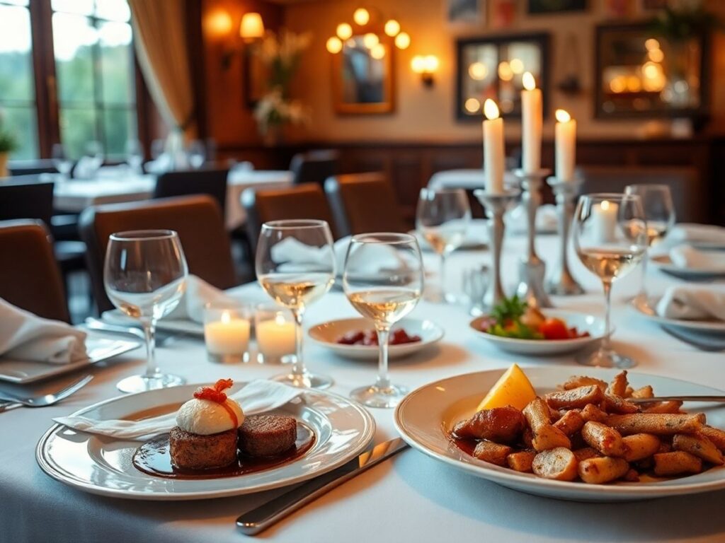 Elegant dining table with gourmet meal and candlelight.