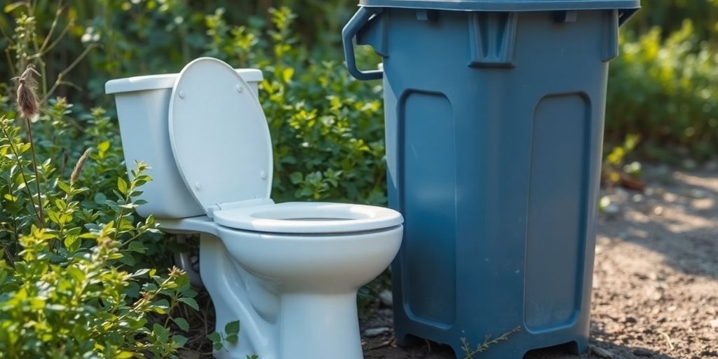 Discarded toilet next to recycling bin in nature.