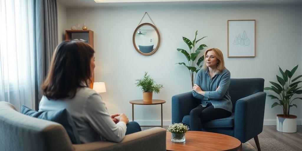 Therapist and client in a cozy therapy session.