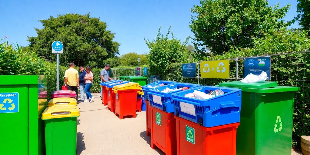 Waste disposal facility with colorful bins and greenery.