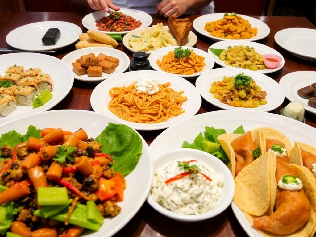 Diverse dishes from various cuisines on a restaurant table.