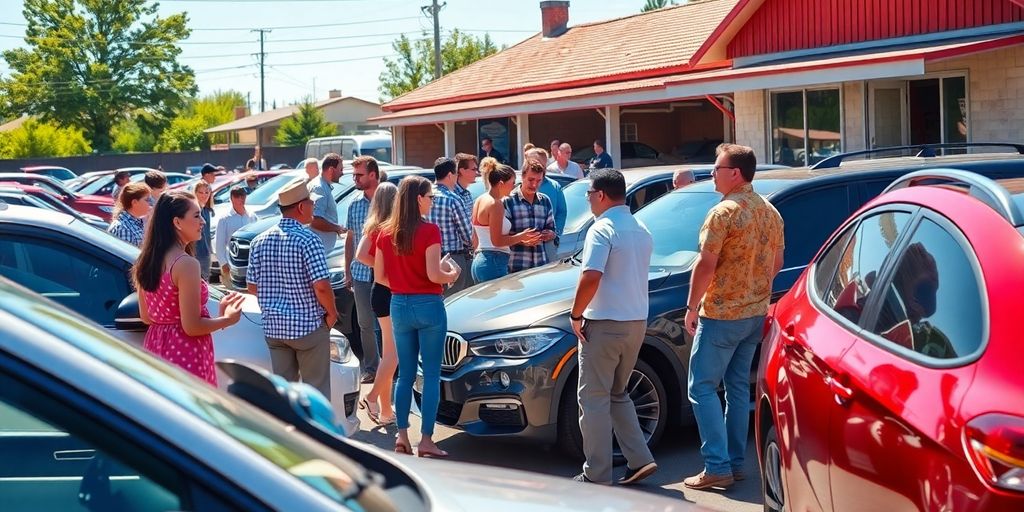 Group of people discussing cars in a local setting.