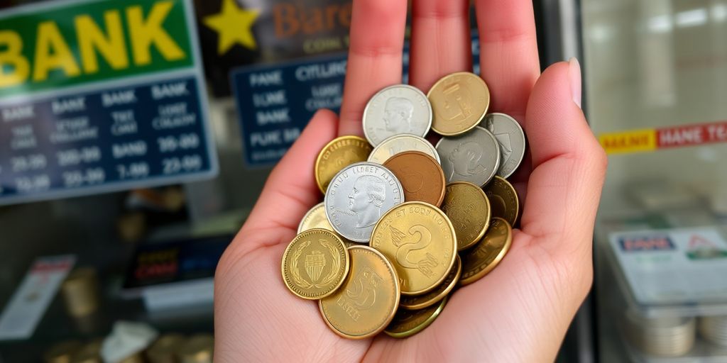 Hand holding assorted coins with a blurred background.