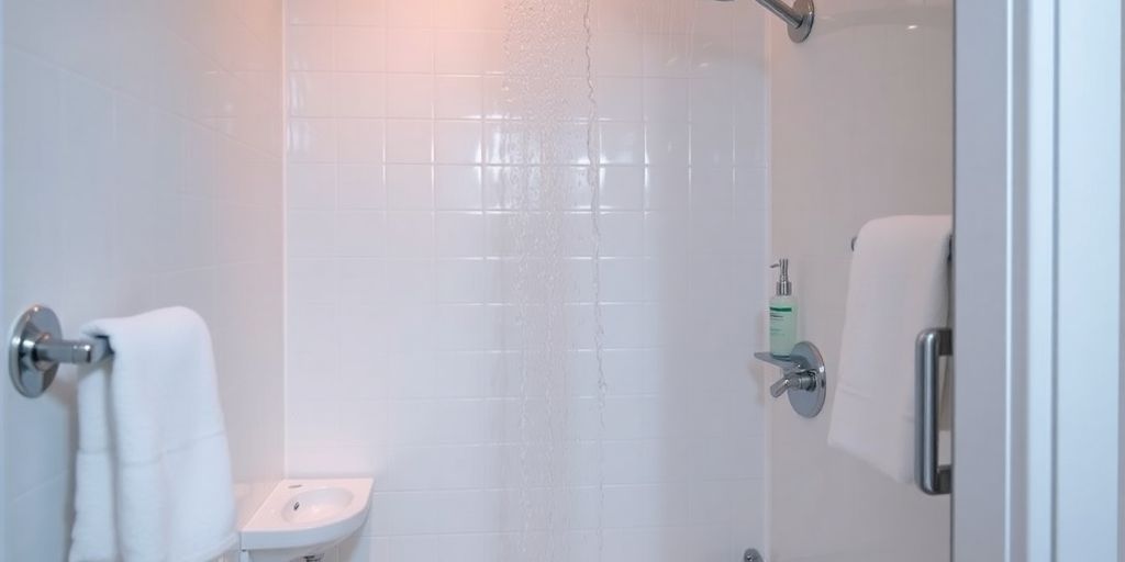 Clean shower stall with water and fresh towels.