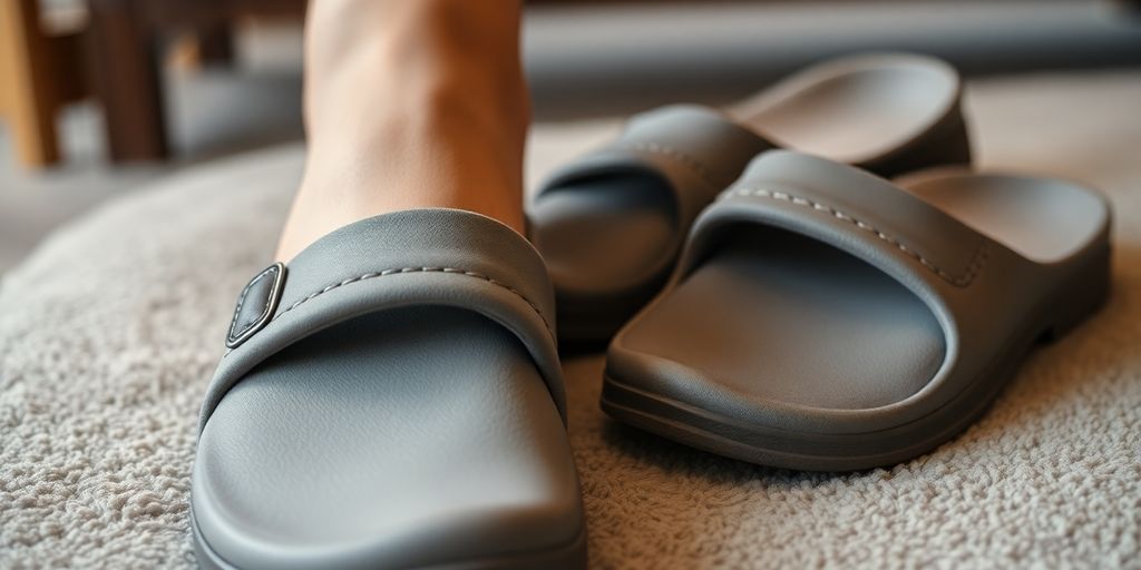 Close-up of OOFOS footwear on a soft surface.