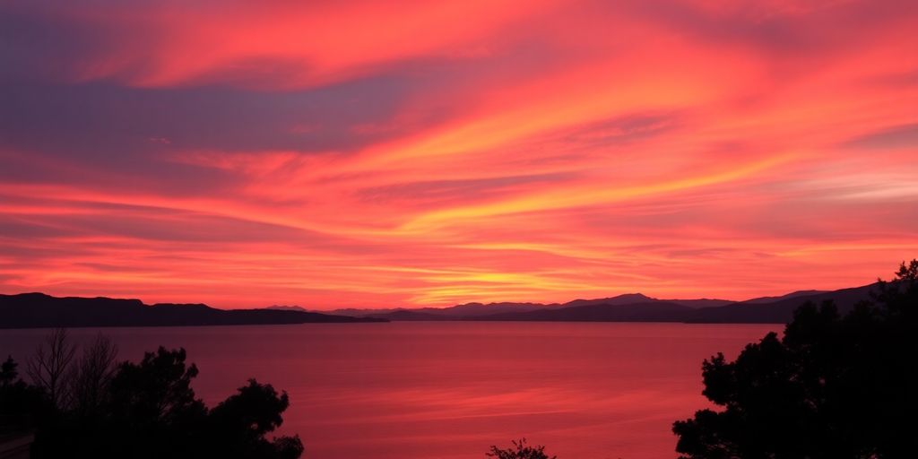 Vibrant sunset over water with silhouetted trees.