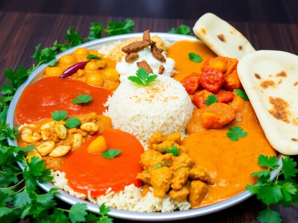 Colorful unlimited thali with curries, naan, and rice.