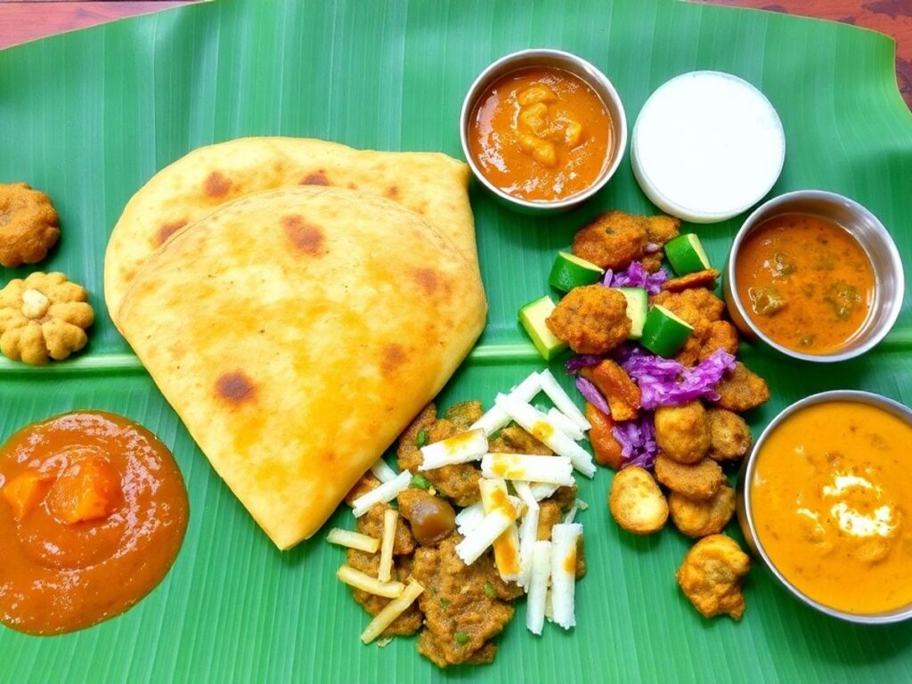 Colorful South Indian dishes on a banana leaf platter.