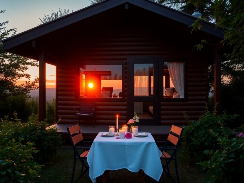 Cozy cabin for couples in a romantic setting.