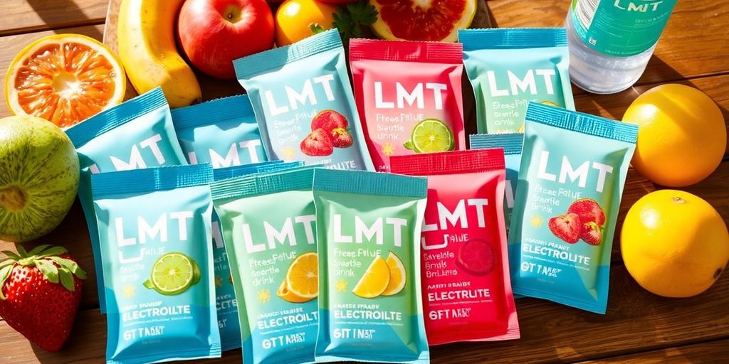 Colorful LMNT electrolyte drink packets with fruits and water.