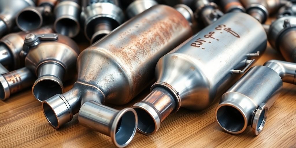 Close-up of different catalytic converters on a table.