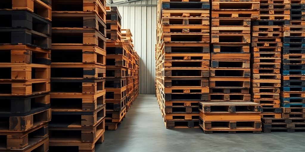 Stacked wooden pallets in a well-lit warehouse.