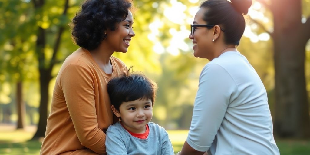 Counselor and child in a peaceful outdoor setting.