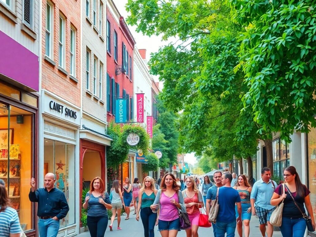 Colorful local stores on a lively shopping street.