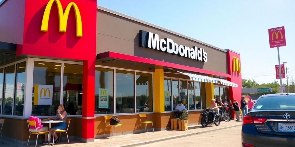 McDonald's restaurant with golden arches and customers outside.