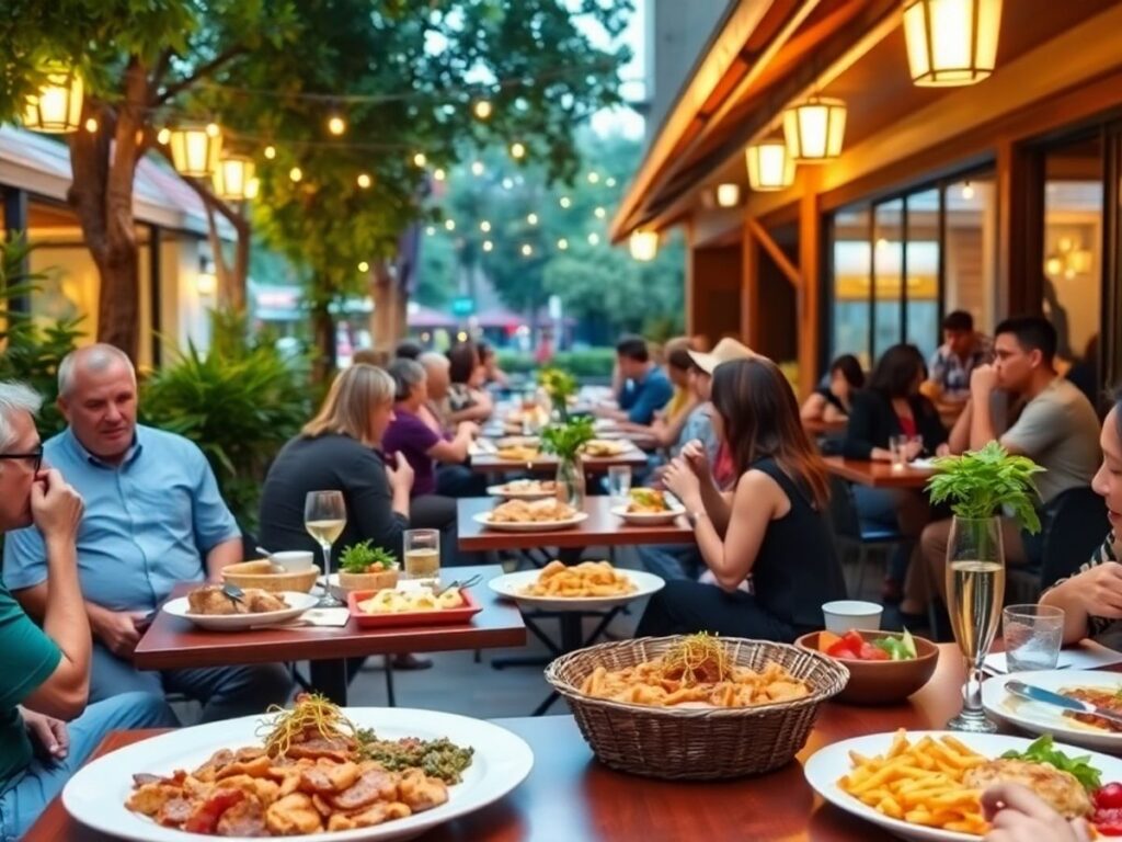 Outdoor dining scene with tables and delicious food.