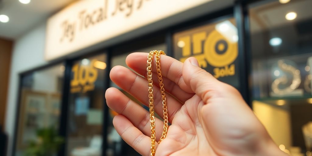 Hand holding gold jewelry in a jewelry store.