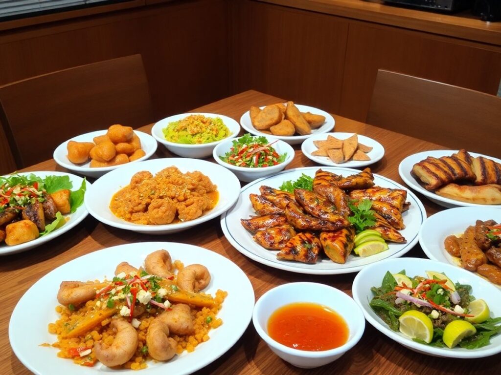 A table filled with delicious non-vegetarian dishes.