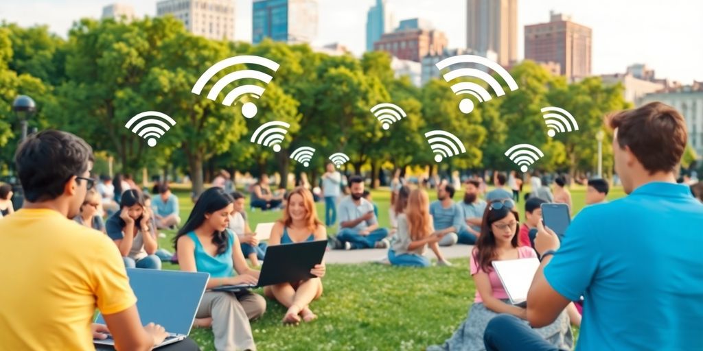 People enjoying free WiFi in a lively park.