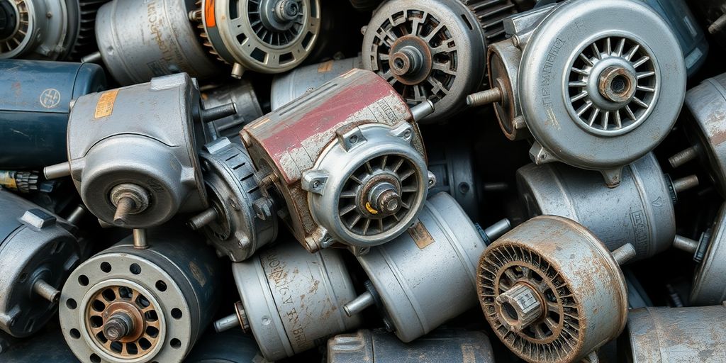 Close-up of scrap electric motors ready for recycling.