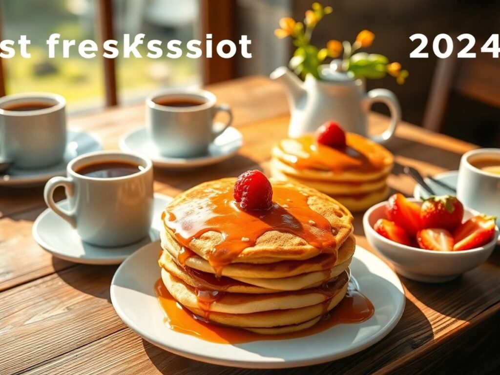 Delicious breakfast spread with pancakes and fresh fruits.