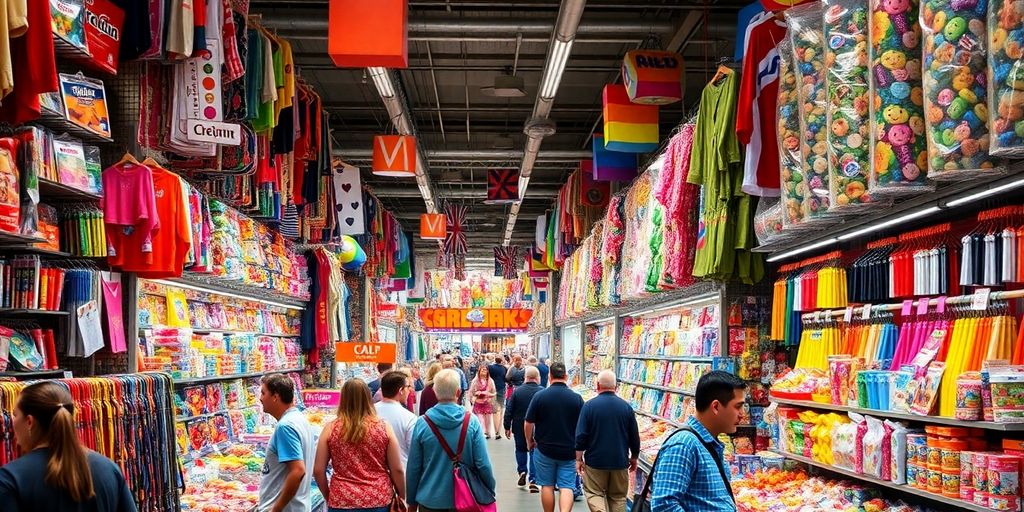 Colorful bin store filled with unique merchandise and shoppers.