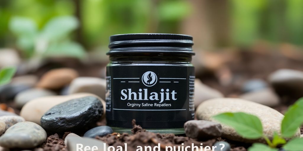 Jar of Shilajit resin with natural elements.