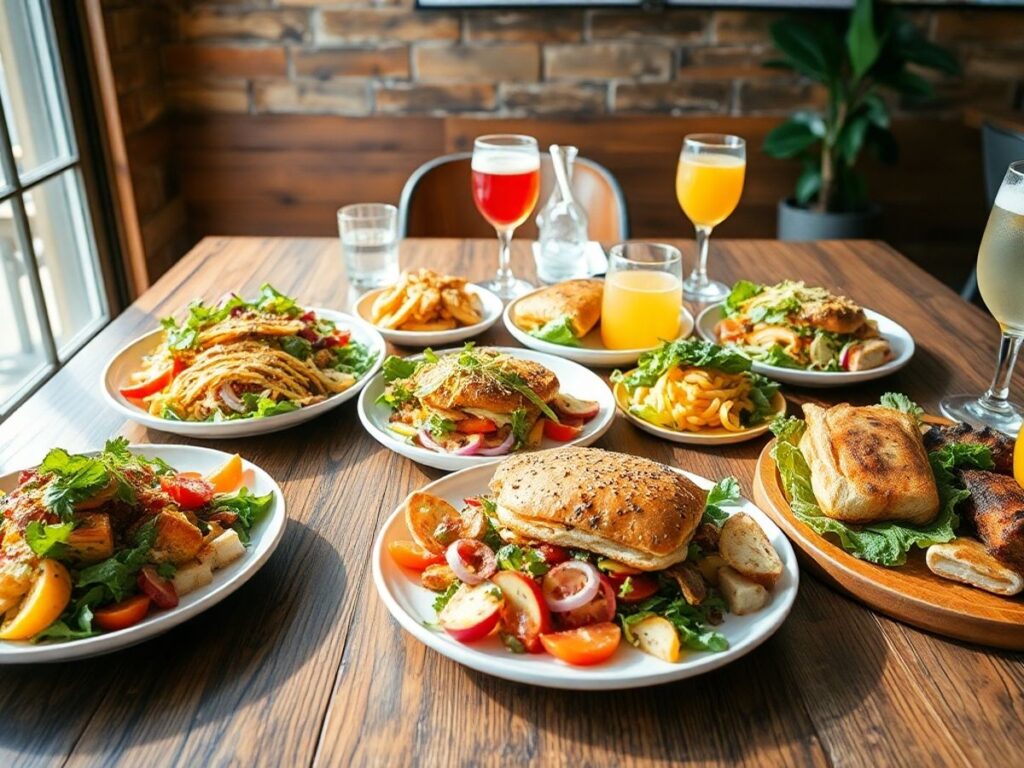 Delicious lunch dishes on a rustic wooden table.