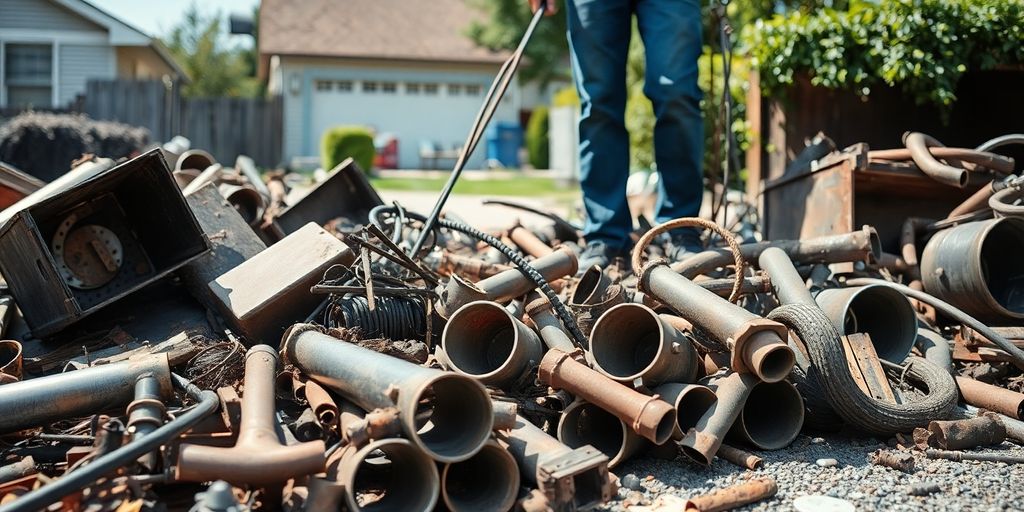 Person collecting scrap metal in a residential area.