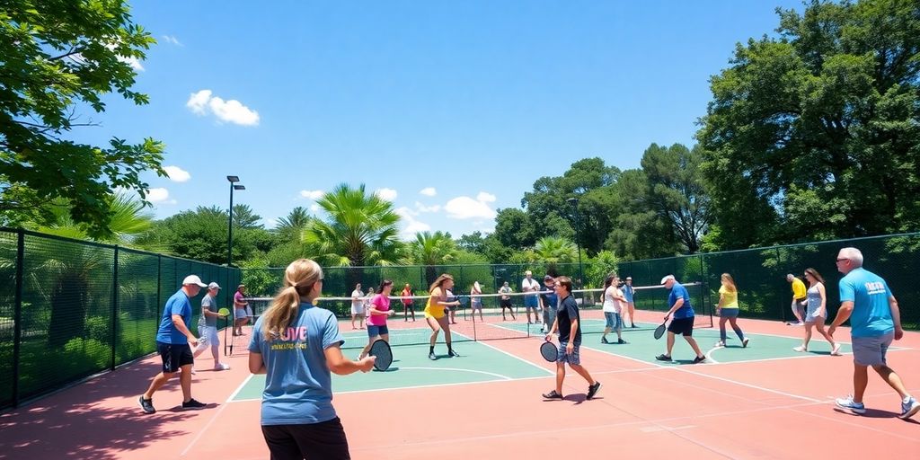 Players enjoying a game of pickleball on a sunny court.