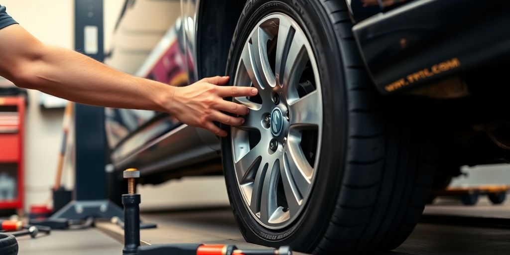 Mechanic adjusting vehicle wheel alignment in garage.