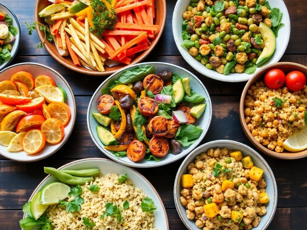 Colorful vegetarian dishes on a rustic wooden table.