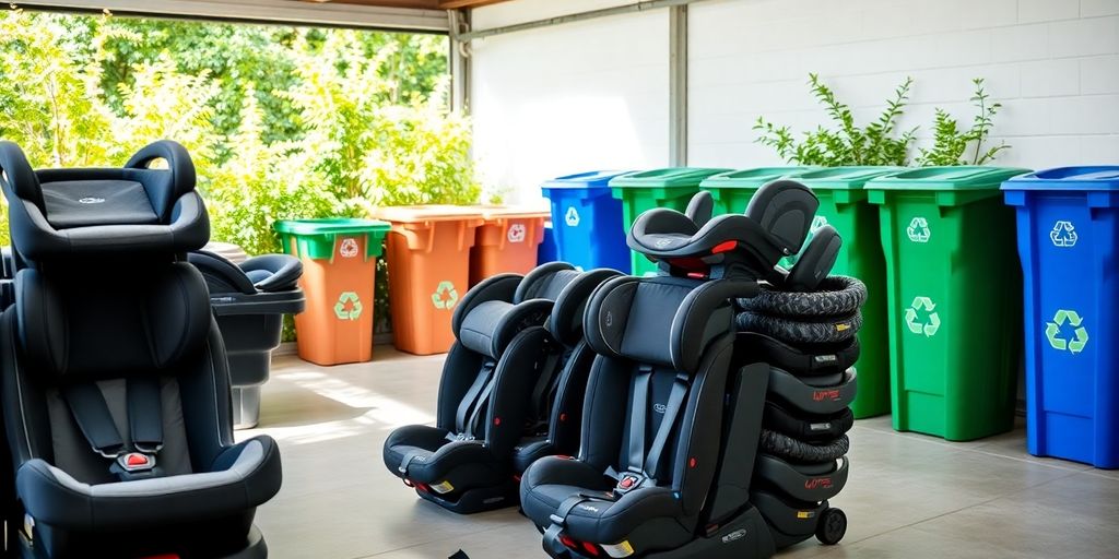 Recycling center with stacked car seats ready for recycling.