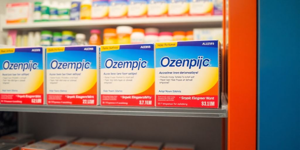 Pharmacy shelf displaying Ozempic medication boxes.