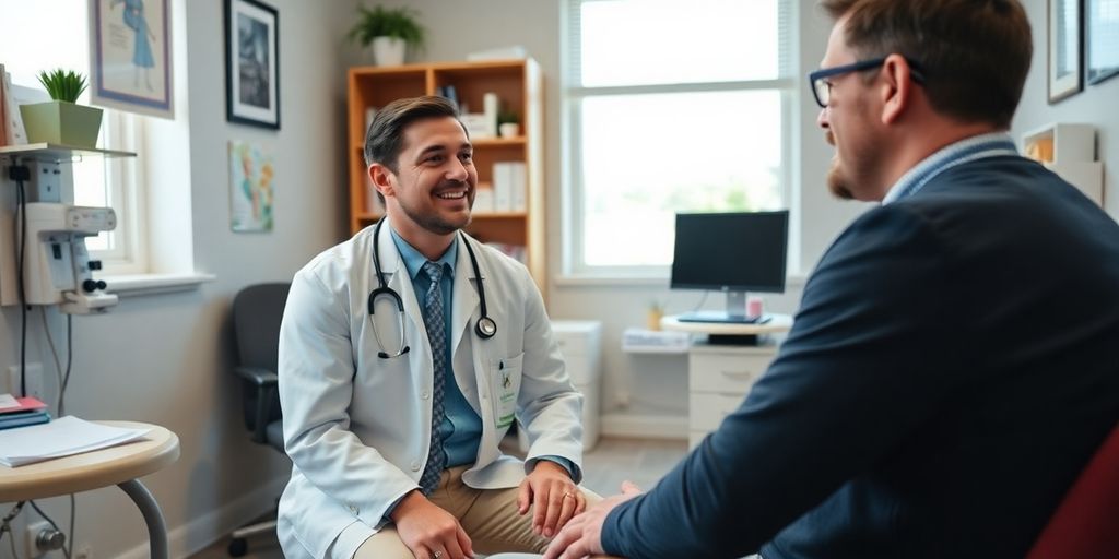 Doctor consulting with an adult patient in a medical office.