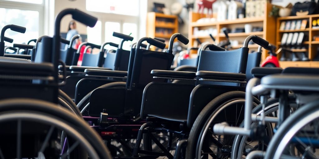 Various wheelchairs in a bright, inviting shop setting.