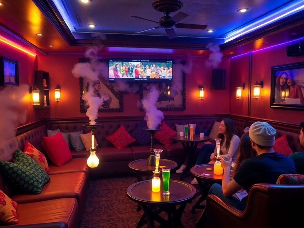 Cozy hookah lounge with colorful cushions and shisha pipes.