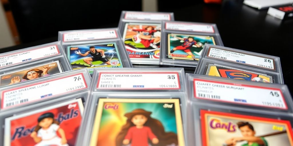 Graded trading cards in protective cases on a table.