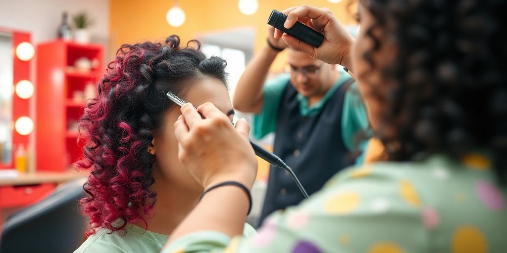 Hairstylist applying a perm in a bright salon.