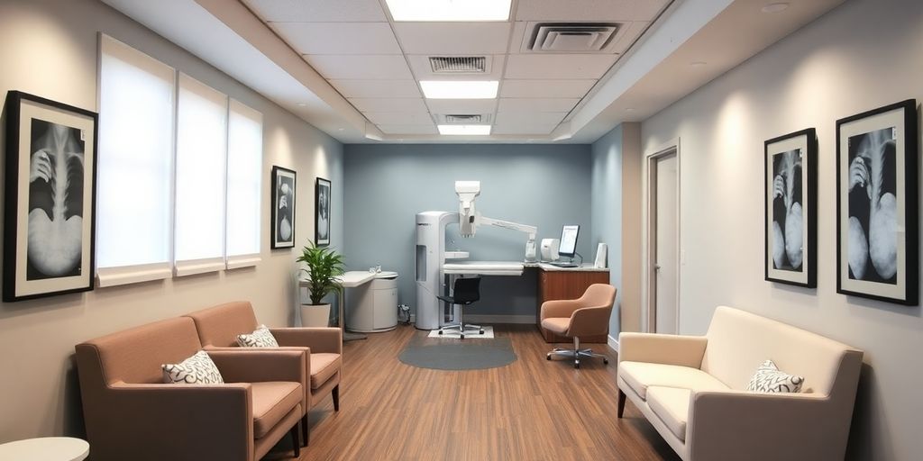 Mammogram screening center with comfortable seating and equipment.