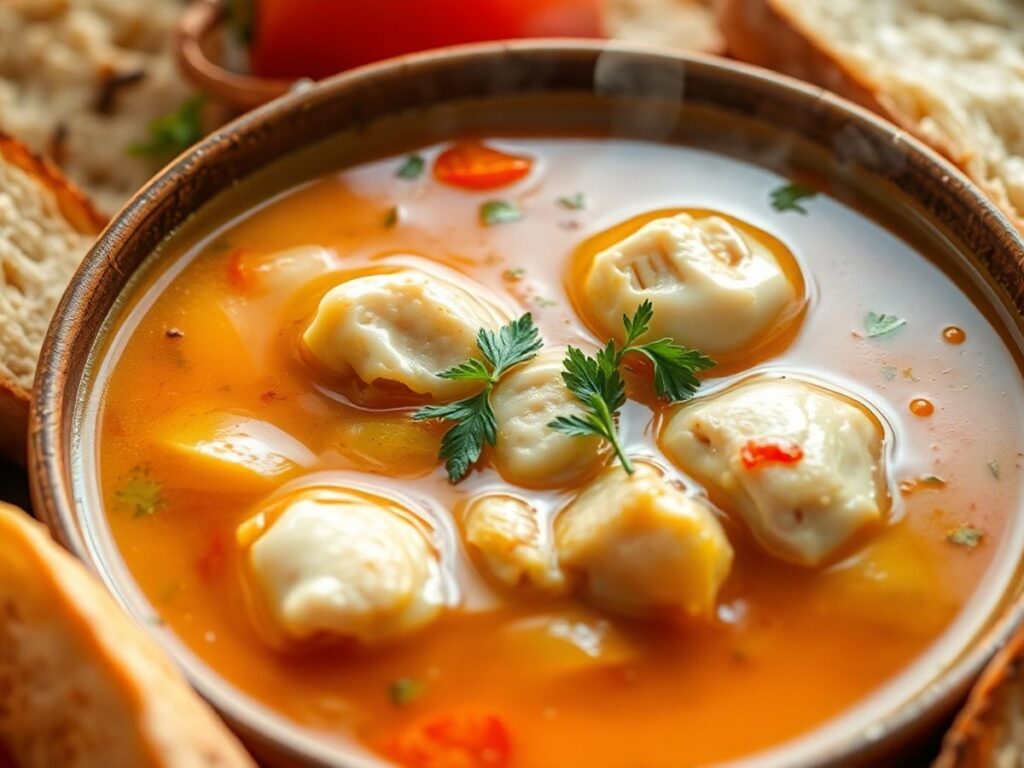 Bowl of chicken soup with herbs and vegetables.