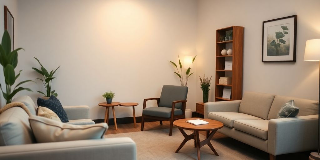 Cozy therapy room with soft lighting and comfortable seating.