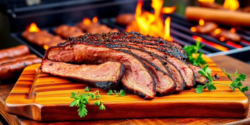 Smoked brisket on a cutting board with herbs.