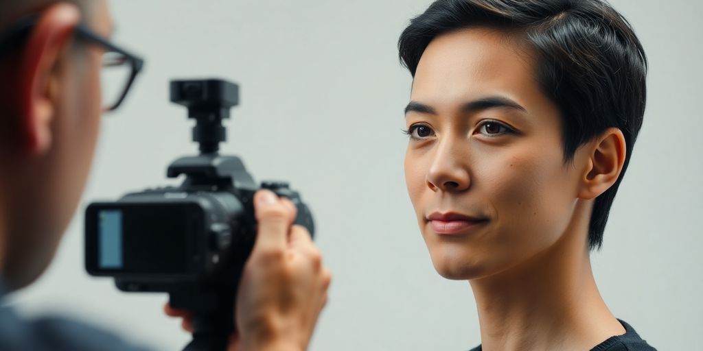 Person getting a passport photo taken in a studio.