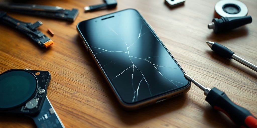 Broken smartphone on a table with repair tools nearby.