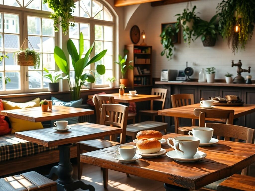 Charming cafe interior with cozy decor and pastries.